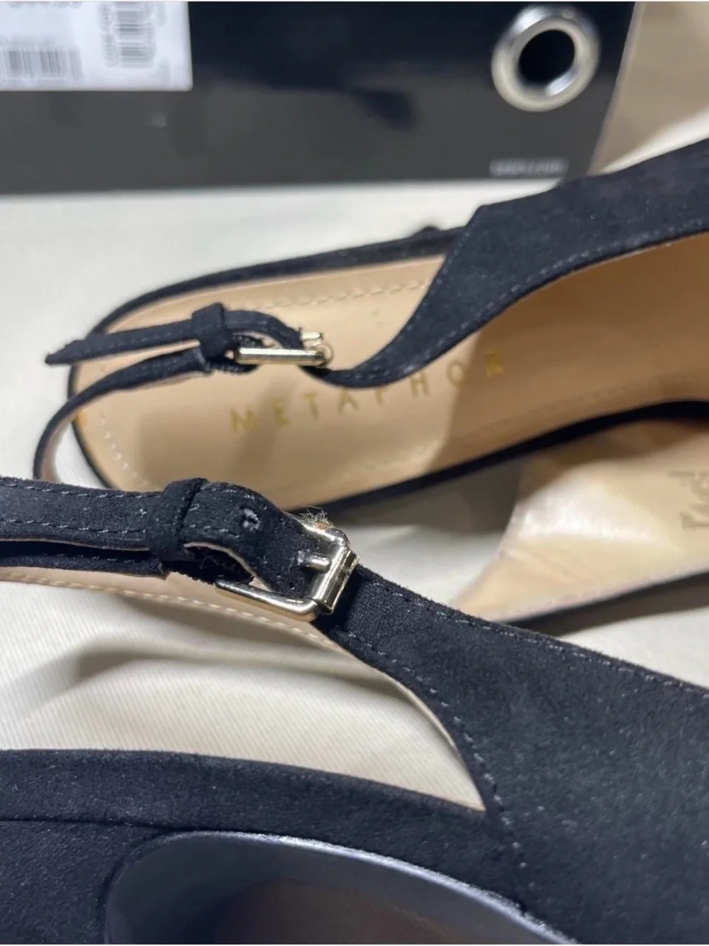Metaphor Black Suede Peep-Toe Slingback Heels